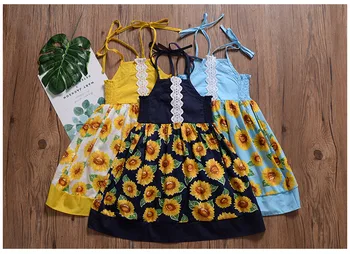 

Summer Cute Kids Baby Girl Sunflower Long Dress Sleeveless Strap Princess Dress Floral Patchwork Holiday Sundress