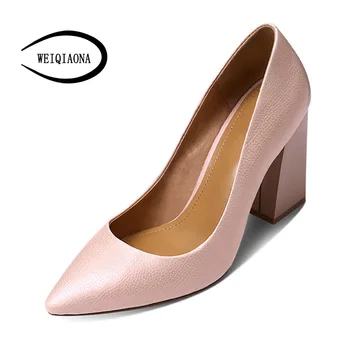 

WEIQIAONA 2018 Brand Design plus size 34-42 Genuine Leathe Women's shoes Elegant Ladies working shoes high heel Dress shoes