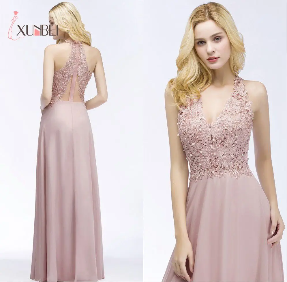 

Robe demoiselle d'honneur Sexy V Neck Dusty Pink Lace Bridesmaid Dresses Long 2019 A Line Chiffon Pears Formal Prom Party Gowns