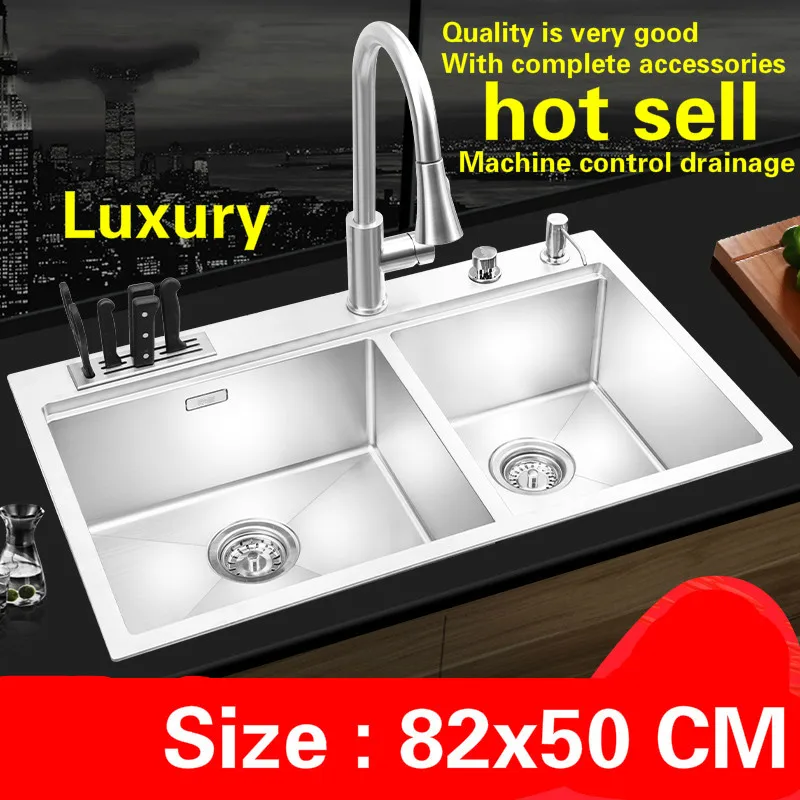 Free Shipping Luxury Kitchen Manual Sink Double Groove Foodgrade 304