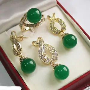 

-new Style-@> -hot Jewelry AAA 12mm Green jade Pendant Necklace Earrings Ring set Natural jewelry
