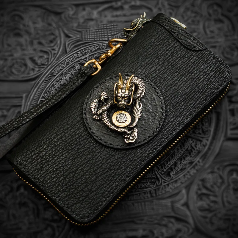 Tibétain Main Luxe À De Requin Magique Femmes Black Portefeuilles Dragon Portefeuille D'or Soleil Sac Roue Hommes Et D'embrayage Mystère Tenant rPTgra