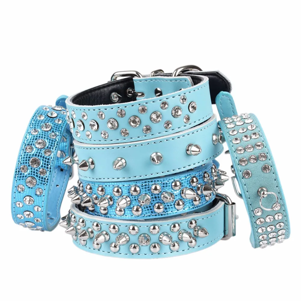 Blue Small Large Dogs Collars Cat Animals Rivet Spiked Rhinestone For