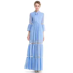 Новое весеннее женское Макси Шифоновое платье с бантом на шее женское однотонное синее розовое длинное платье Вечерние женское вечернее
