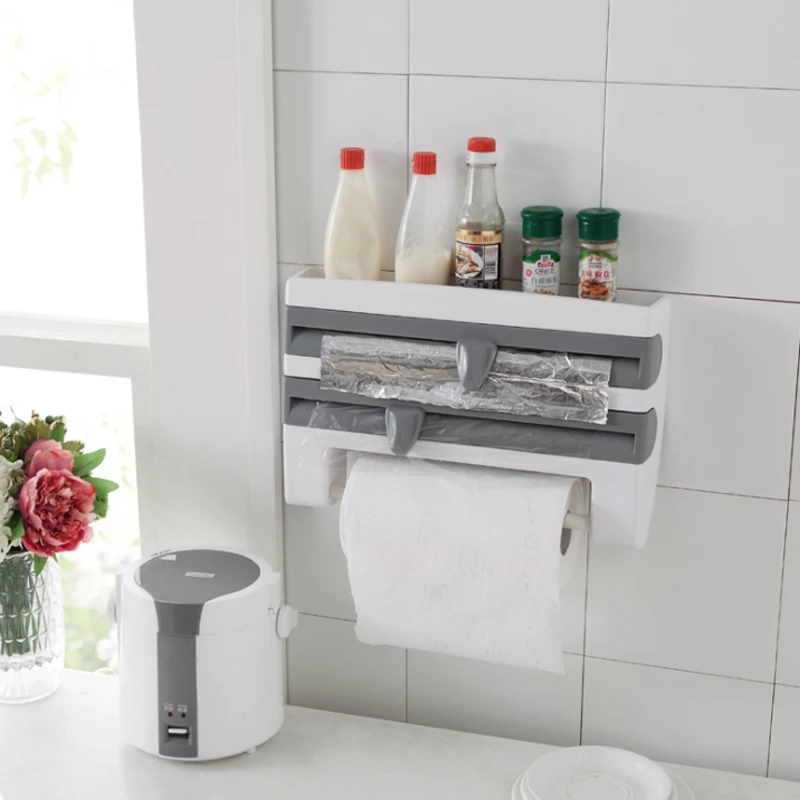 

Kitchen Refrigerator Cling Film Cutting Storage Rack Wrap Cutter Tin Foil Paper Towel Holder Kitchen Shelf Plastic Hang Holder