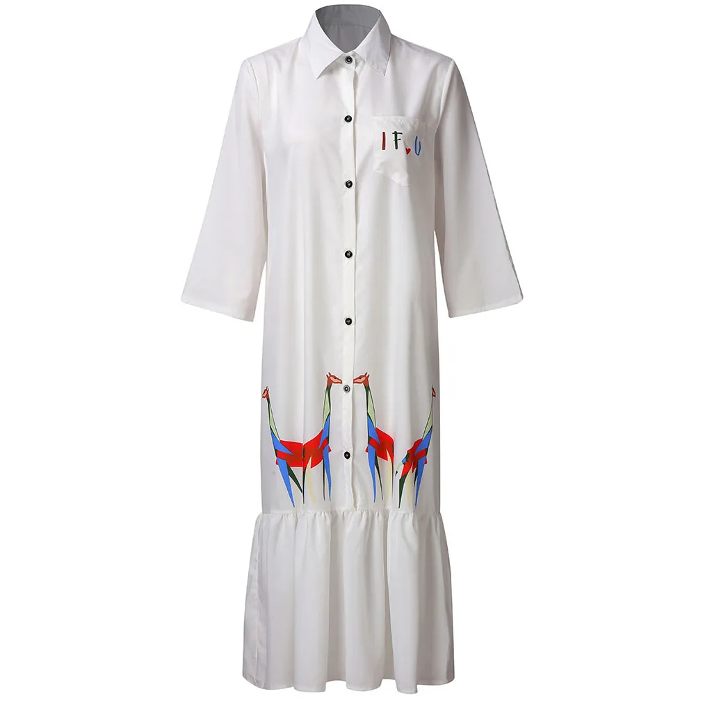 

FREE OSTRICH Dress Women Giraffe Print Half Sleeve Button Mid-Calf Stand White Gorgeous Dignified Noble Novel Short Dress Summer
