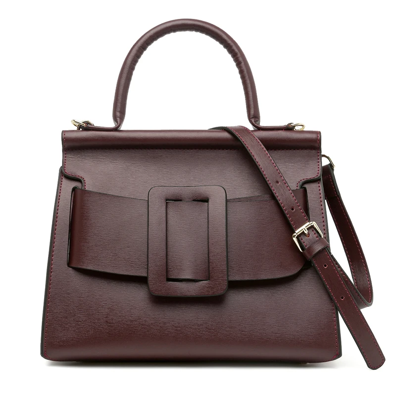 

Famous Brand Designer Women Handbag Genuine Leather Vintage Bark Grain Big Buckle Top-Handle bags with strap belt bag