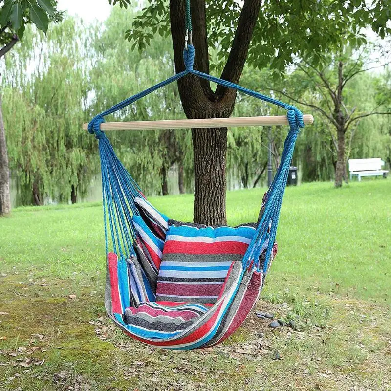 

Outdoor Garden Swing Chair Striped Hammock Chair Hanging Chair Seat With 2 Pillows Adults Kids Leisure Hammock Swing Chairs new