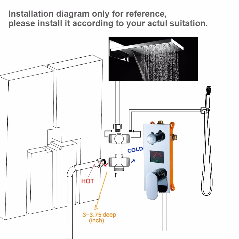 quyanre concealed shower faucets set rainfall waterfall shower head digital display screen 3-functions water mixer tap bathroom shower3