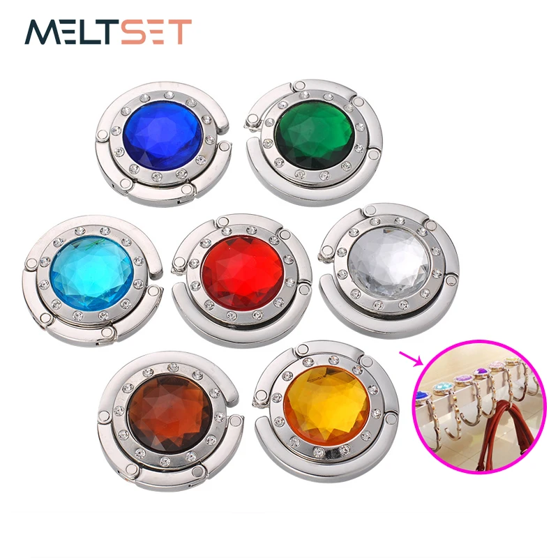 

Portable Rehinstone Foldable Bag Purse Hook Folding Handbag Hanger Crystal Alloy Handbag Holder for Table 14 Colors