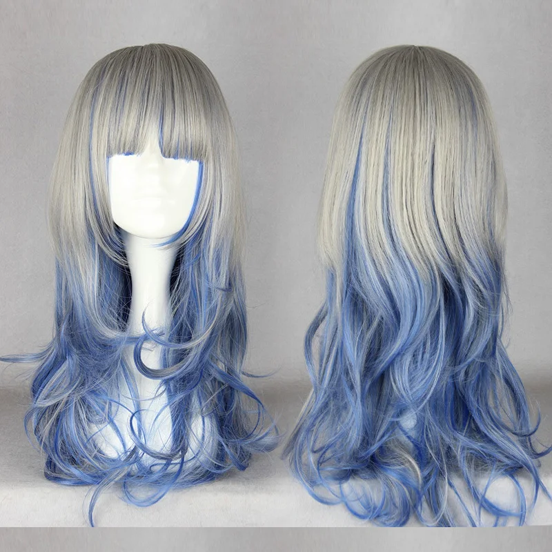 

Promotion High Quality Synthetic Color Mixed 60cm Long Wavy Gray Blue Halloween Lolita Fashion Party Cosplay Wig