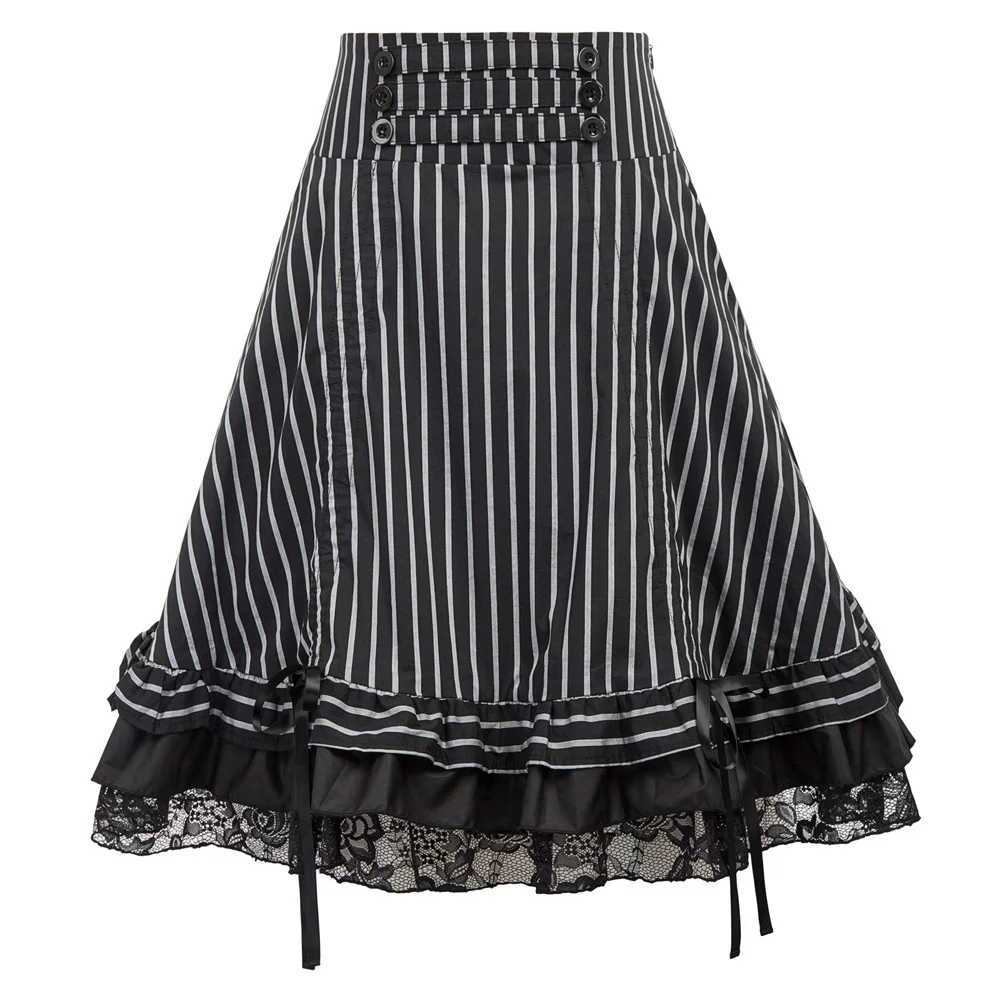 black Women Striped skirt vintage knee-length Elastic Waist Bow-Knot buttons Adjustable ruffle retro steampunk Cotton Skirt lady