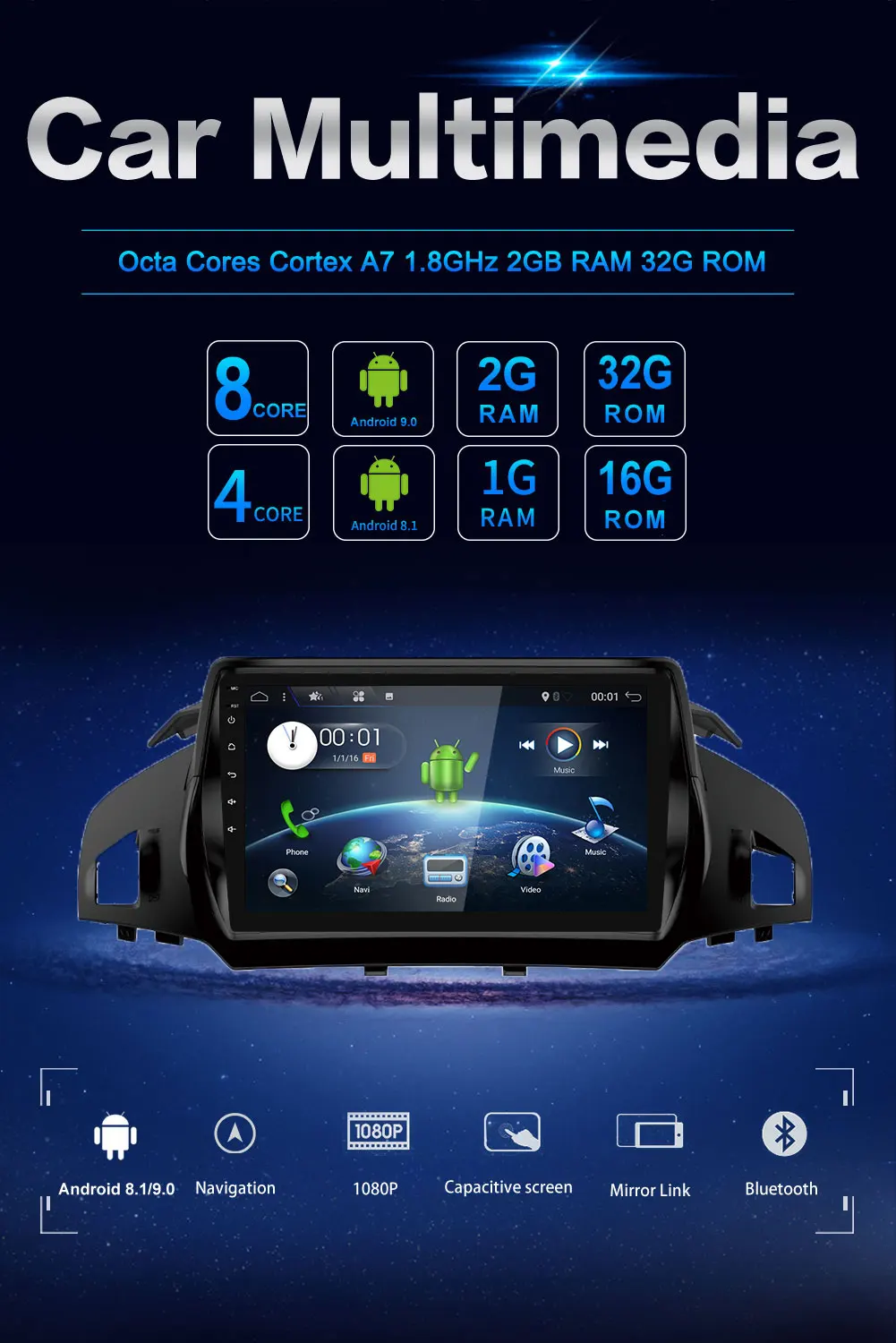 Perfect Android 9.0 Unit Car radio Stereo Audio GPS navigator dvd Intelligent Multimedia Player for Ford Kuga 2013 2014 2015 2016 2017 6
