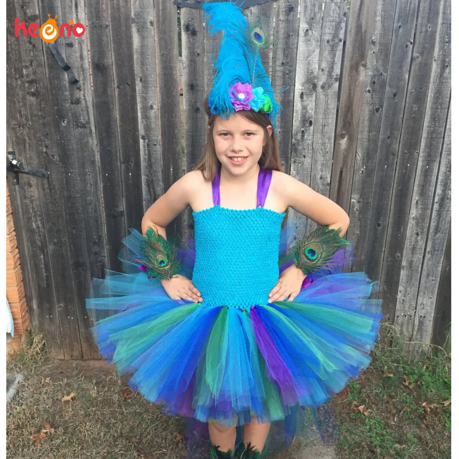 Glam Pageant Girls Peacock Costume Baby Kids Peacock Tutu Dress with Feather Glitter Headband Children Birthday Carnival Dress (1)
