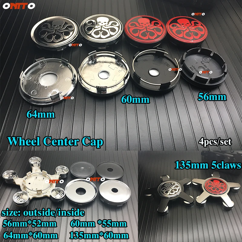 

Good Quality 4pcs/set Wheel Center Caps Covers Hydra Skull 56mm 60mm 64mm 135mm 5claws Wheel Hub Cap Car Accessorie PVC/ABS