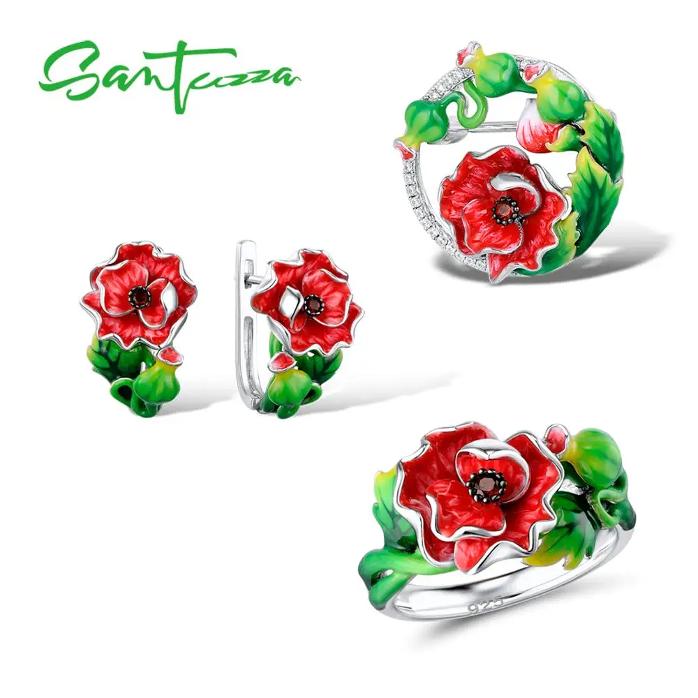 

SANTUZZA Silver Jewelry Set For Women 925 Sterling Silver Exquisite Red Flower Ring Earrings Brooch Set Jewelry HANDMADE Enamel
