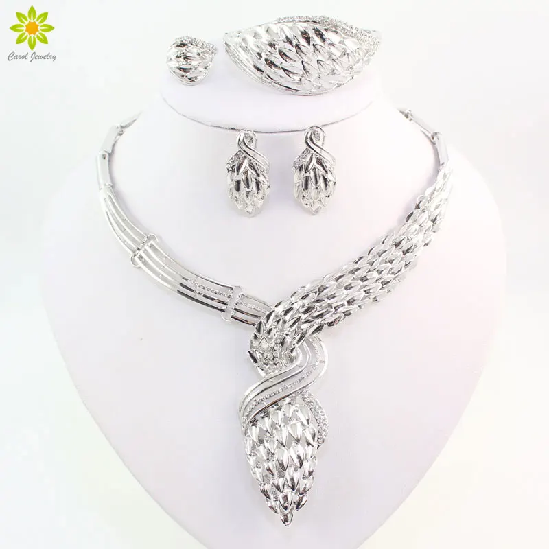 

Fine African Beads Jewelry Sets For Women Silver Plated Necklace Earrings Bracelet Rings Set Wedding Bridal Party Accessories