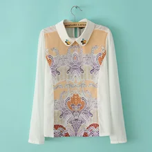 Nice Spring Women Elegant Blouse Printed OL Shirt Nice Design Beading Decorated Collar Long Sleeve Shirt Casual Style Tops AE58