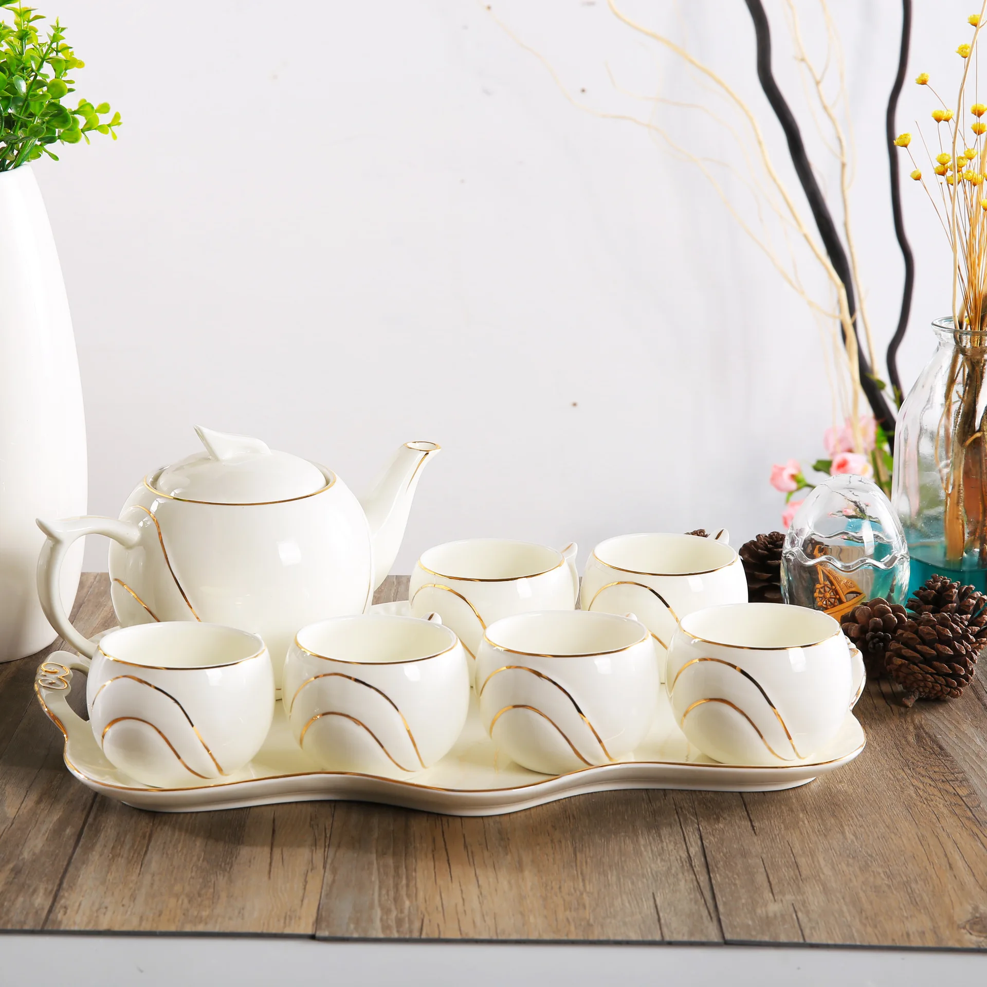 Ceramic gold cup teapot English tray tea set home water gift upscale household itemsTeaware