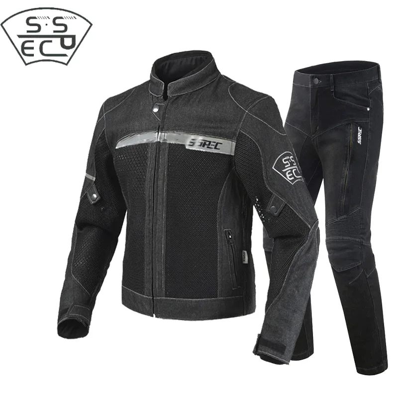 

SSPEC Mens Moto Gear Suit Protection Riding Suits Jackets & Pants Denim Motorcycle Jacket Reflective 9 PCS Protector Pads S~XXXL