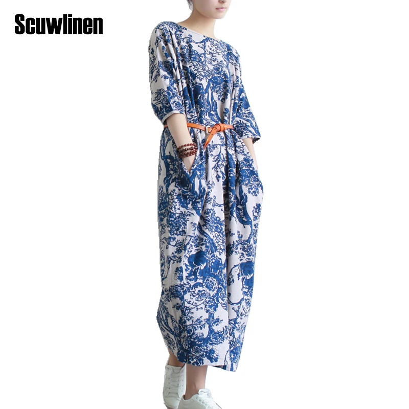 New Casual Dress 2015 Spring Women Blue White Porcelain Robe Vintage Print Ultra Long Loose Cotton