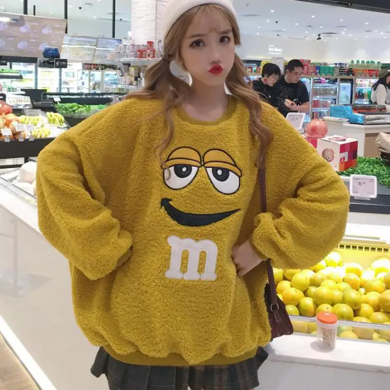 

Fall Winter Woman Yellow Long Sleeve M Letter Smile Print Harajuku Loose Hoodies Women Fleece Pullover Female Sweatshirt