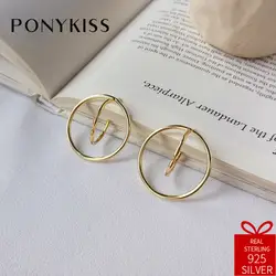 PONYKISS Мода 100% Серебро 925 пробы гиперболы геометрические круглые серьги обруча для Для женщин вечерние тонкой ювелирные украшения в подарок