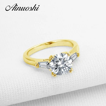 

AINUOSHI 14K 3 Stone Round Ring Real 14K Solid Yellow Gold Emerald Cut Simulated Diamond CZ Wedding Engagement Ring For Women