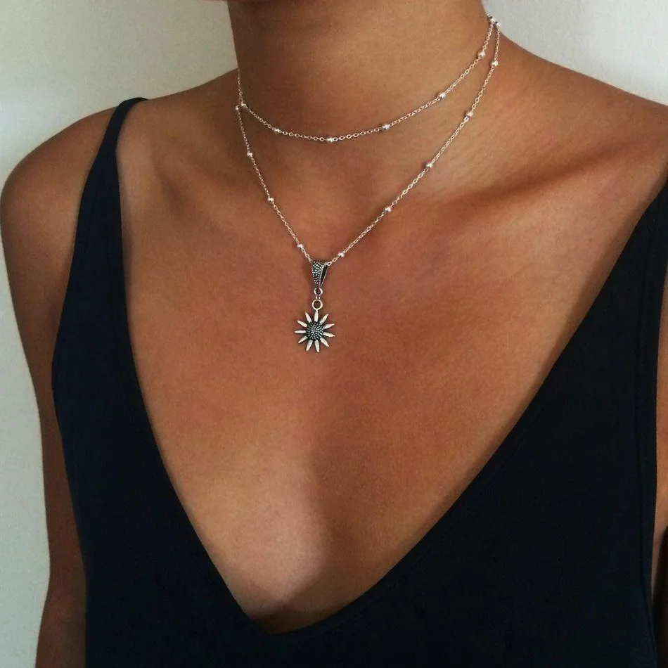 Богемный простой ретро индивидуальный Подсолнух кулон многослойное бисерное серебряное ожерелье Женские ювелирные аксессуары