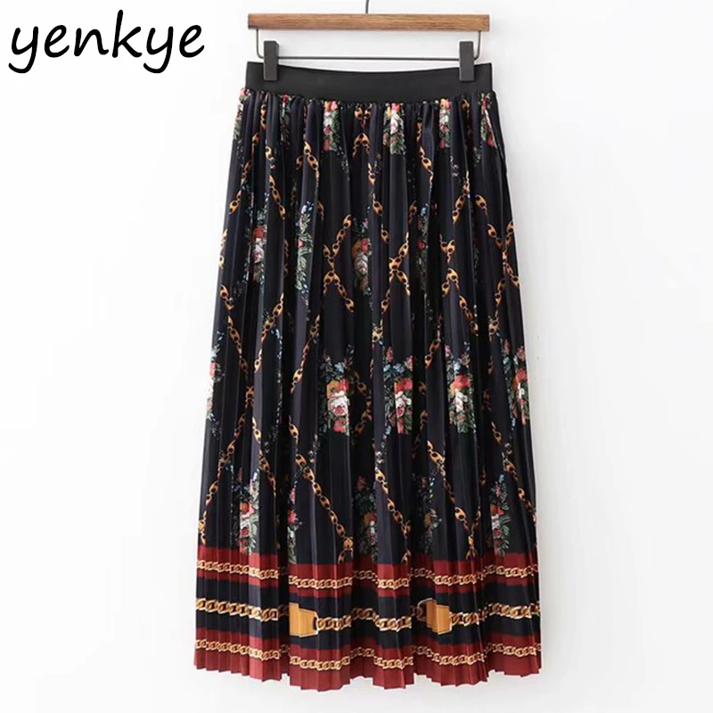 

Vintage Chain Print Pleated Skirts Womens Flowy Elastic Waistband High Waist Midi Skirt European Style falda mujer XDWM1683