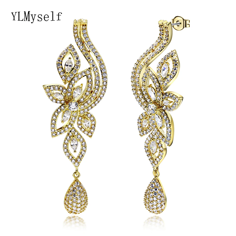 Large luxury flower drop earrings pave clear cubic zirconia crystal