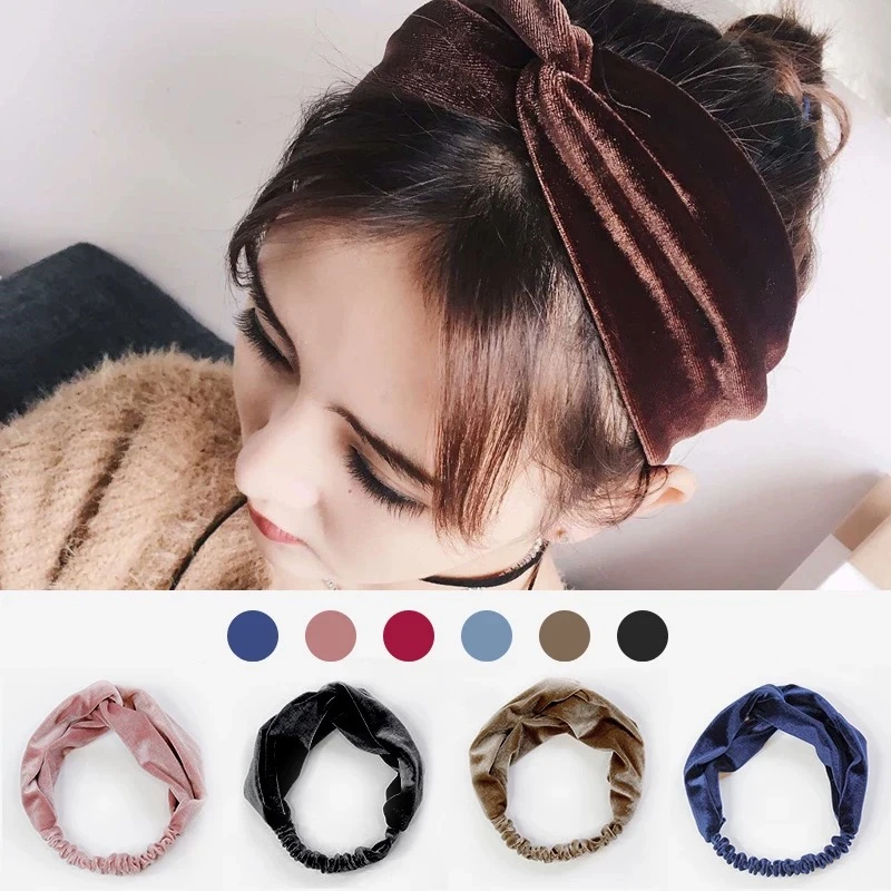 

woman Spring Autumn Velvet Headband Vintage Cross Knot Elastic Hair Bands Soft Solid Girls Hairband for womenHair Accessories