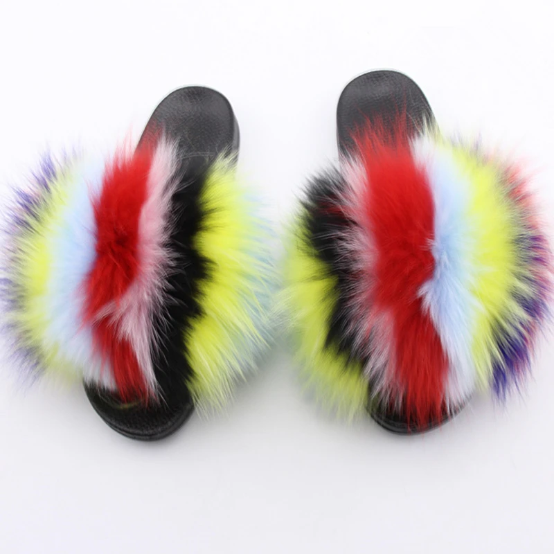 Natural Fur Slippers Women Fox Home Fluffy Sliders Comfort With Feather Furry Summer Flats Raccoon Ladies Shoes Big Size 45 Home