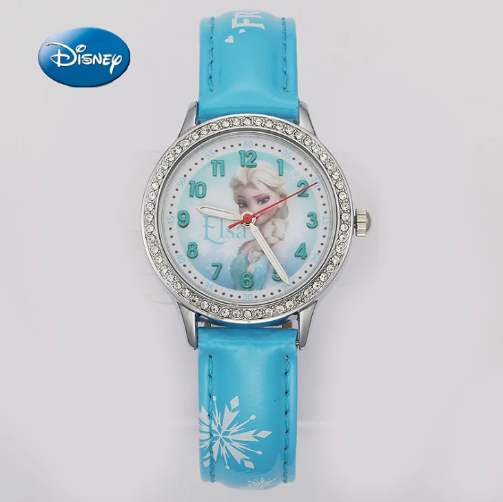 Disney Brand Original Children Girls Watches Leather Quartz Cartoon Frozen Elsa Princess Diamond