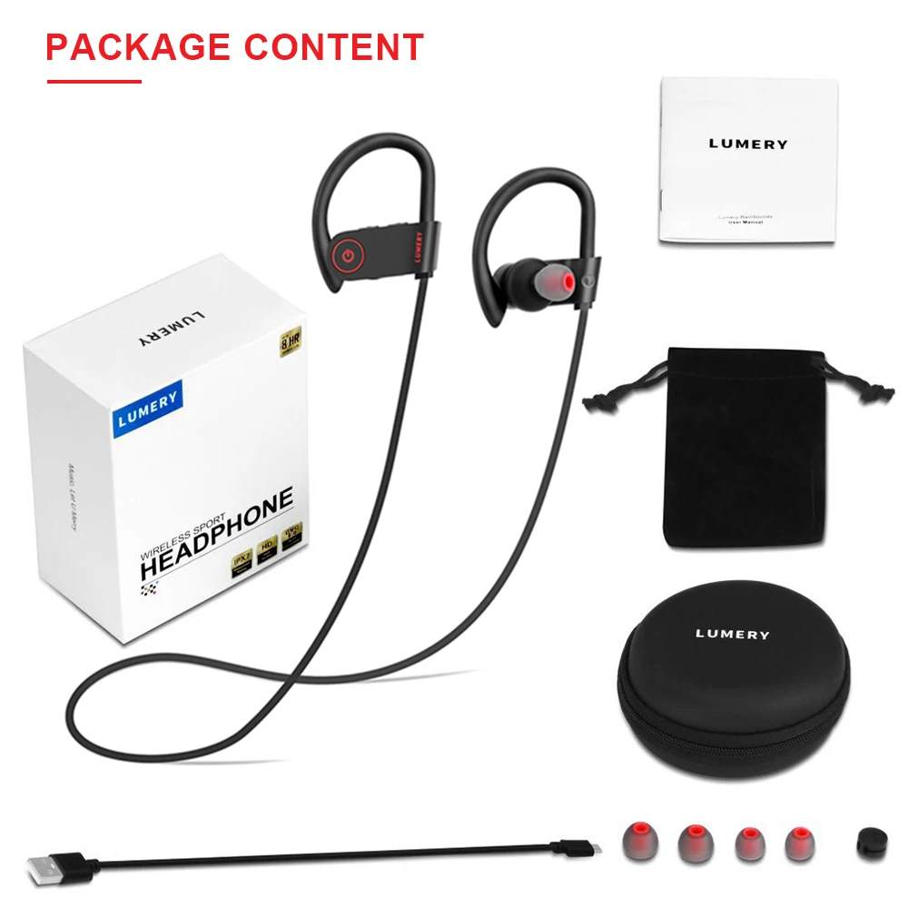 LUMERY Bluetooth наушники IPX7 Водонепроницаемый Беспроводной Спорт Bass с микрофоном для