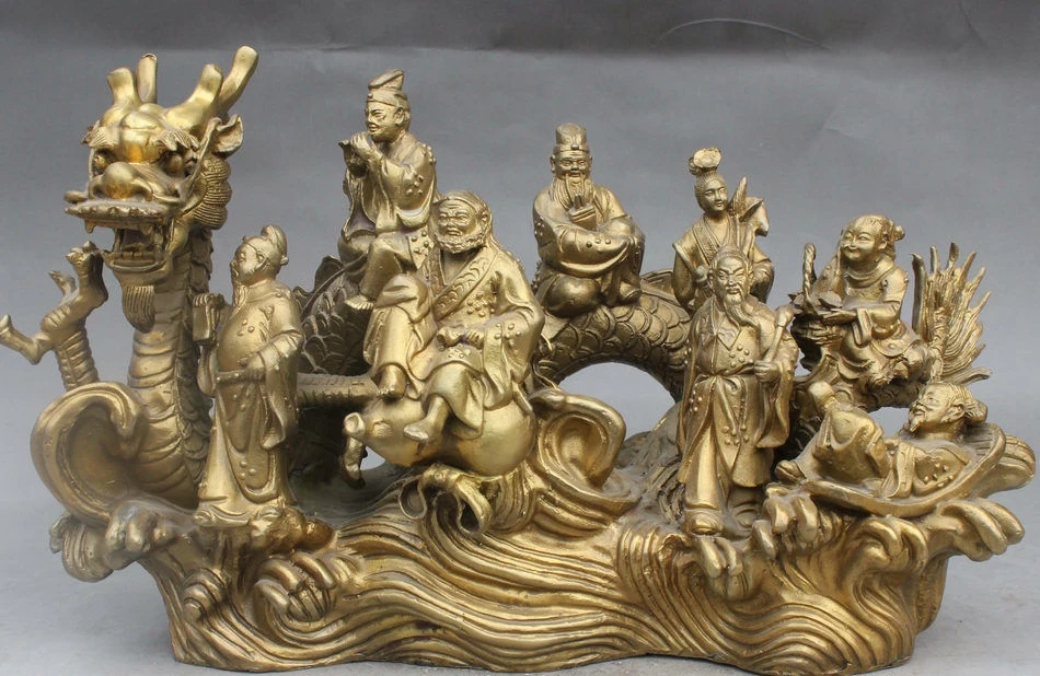14 Chinese Folk Myth Brass Eight Immortal God Ride Dragon Crossing River Statue | Дом и сад