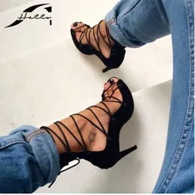 2017 Summer Gladiator Sandals Women High Heels Cross-tied Shoes Hollow Sandals Women Black Sandals Heels Ladies Shoes Big Size40