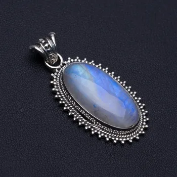 

Natural Rainbow Moonstone Punk Style 925 Sterling Silver Pendant 1 1/2" P0027