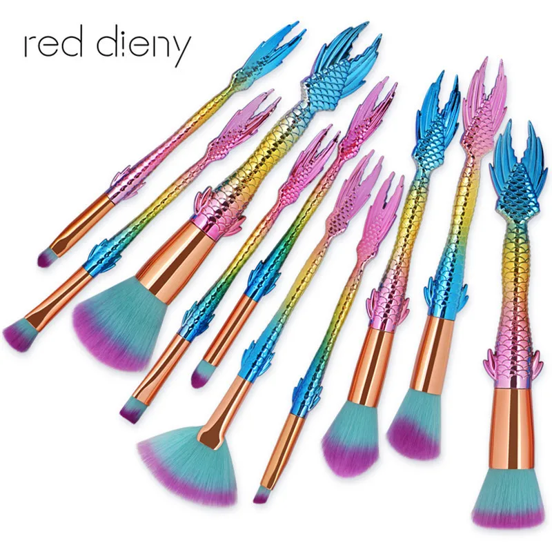 Pro 10Pcs Makeup Brushes Set Cosmetic Foundation Powder Blush Eye Shadow Concealer Blending Mermaid Fish Brush