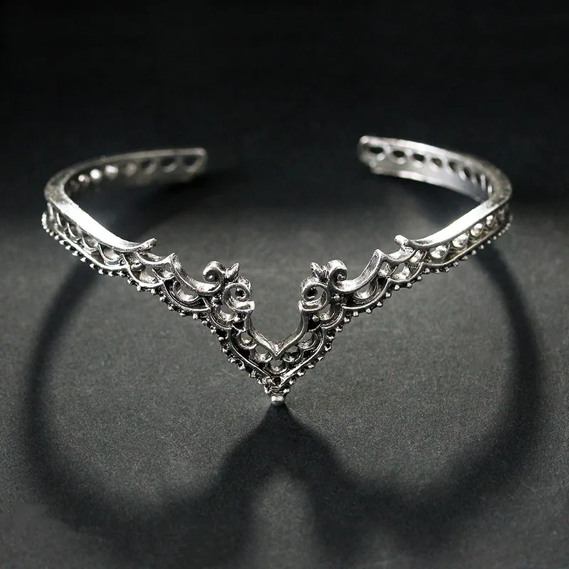 

Antique Gold Silver Color Crown Bangle Bohemian Jewelry Open Hollow Flower Cuff Bracelet For Women Adjustable Hand Accessories