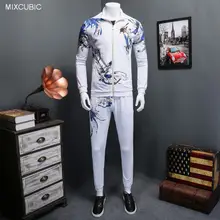 MIXCUBIC, новинка весны, синий цветочный принт, спортивные костюмы, мужские толстовки+ штаны, мужские костюмы с принтом птиц, мужские комплекты, Размер 5xl