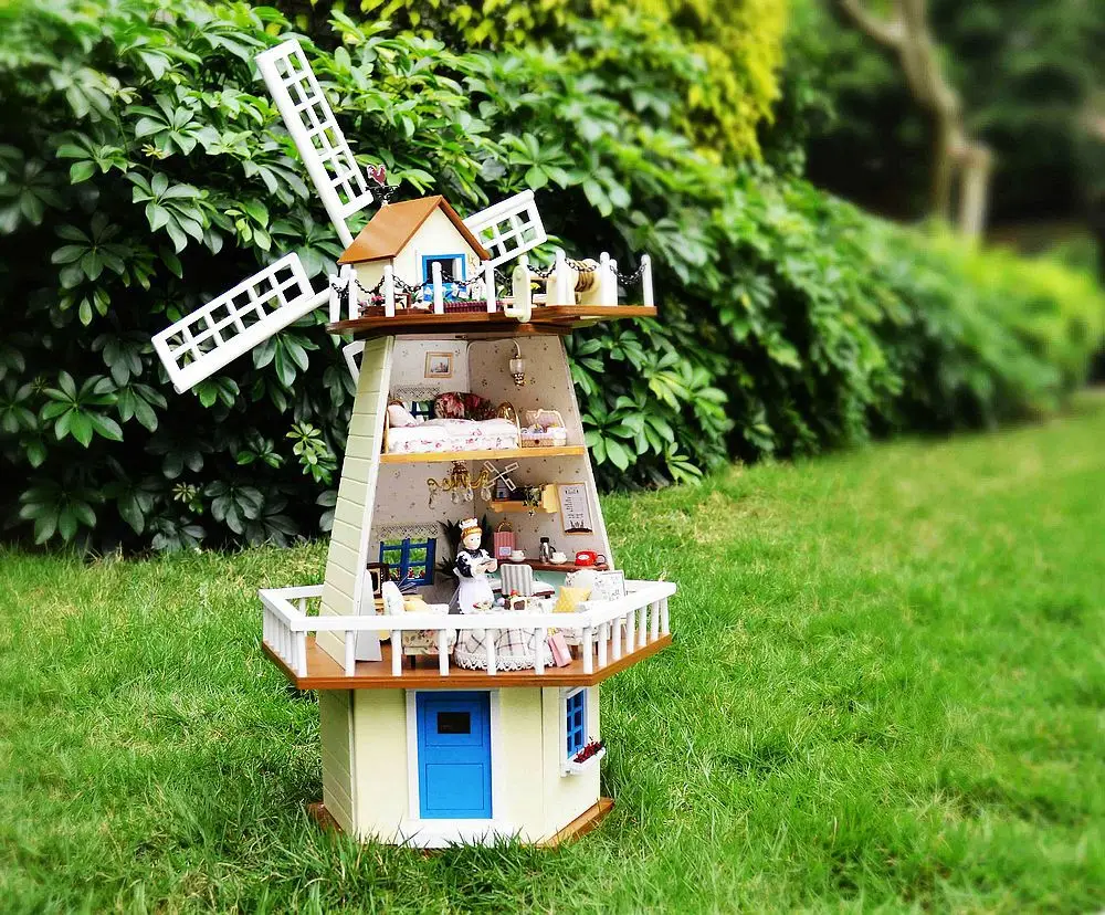 Free Shipping Diy Doll House waiting for manual assembly rotating windmill villa wooden model building monsoon