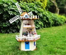 Free Shipping Diy Doll House waiting for manual assembly rotating windmill villa wooden model building monsoon