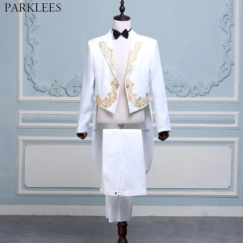 

Mens 4 Pcs White Tuxedo Suits (Jacket+Pants+Blet+Tie) Brand Gold Embroidery Conductor Magician Pianist Prom Tailcoat Suit Male