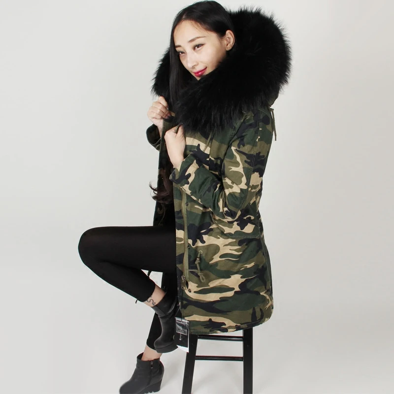 2016 new long Camouflage winter jacket coat women parka natural large Raccoon Dog Fur Collar hooded Thick Warm fox Fur liner