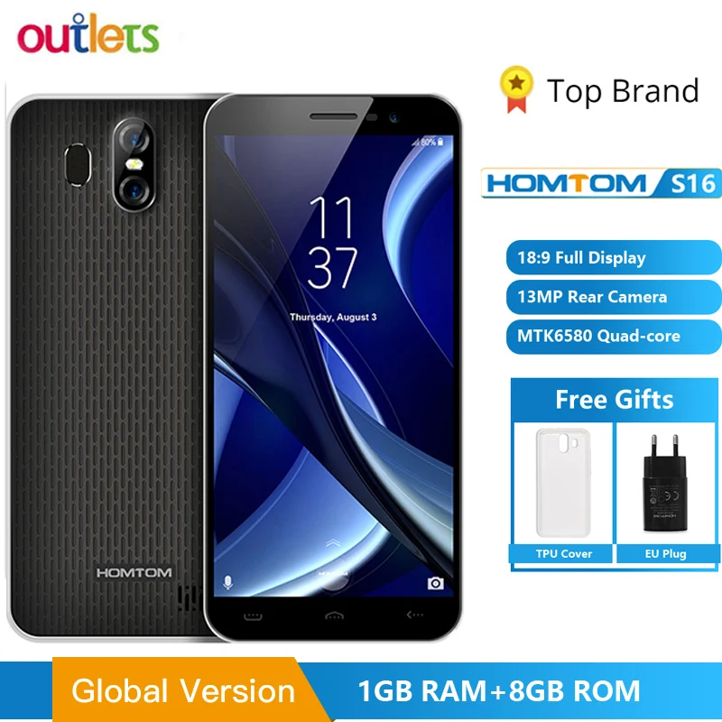 HOMTOM S16 Мобильный телефон с отпечатком пальца 5 дюймов 18:9 экран 2 Гб ОЗУ 16 ПЗУ 13 МП + 8