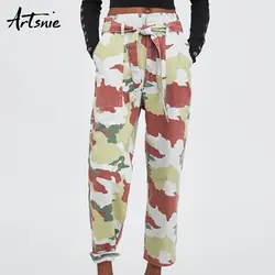 Artsnie осень 2018 камуфляж брюки для девочек женские пояса Двойные Карманы Уличная свободное до щиколотки карандаш брюки Femme