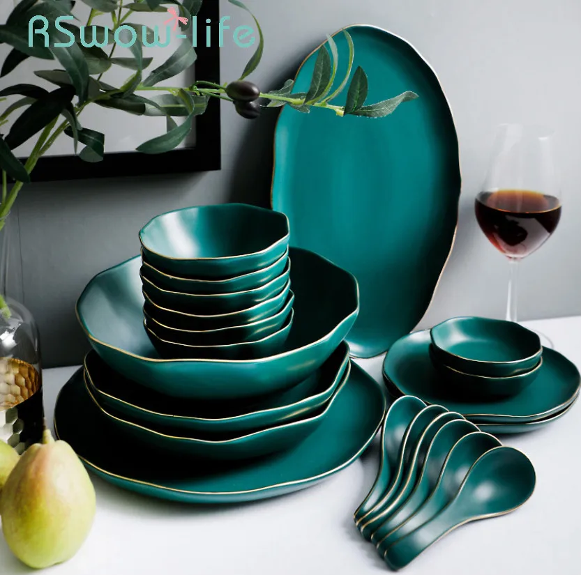 

19pcs Light luxury Phnom Penh irregular ceramic dish cutlery set household rice bowl soup bowl dishs plate For kitchen dishes