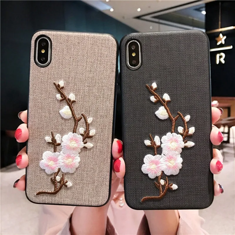 Вышитый Чехол для iPhone X XR XS Max тканевый ПУ + Мягкий ТПУ силиконовый чехол с цветком