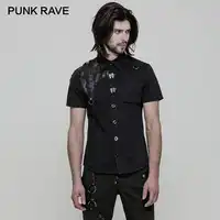 PUNK RAVE Punk Rock PU Leather Shoulder Short Sleeve Men Denim Shirts Metal Buckle Inelastic Twill Blouses Black Clothing